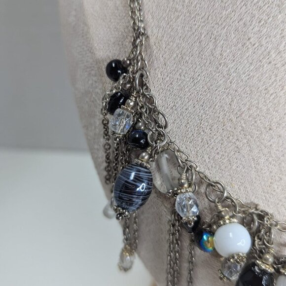 Bib Style Art Glass Beaded Necklace Vintage Silver Tone Doble Chain - Picture 3 of 6
